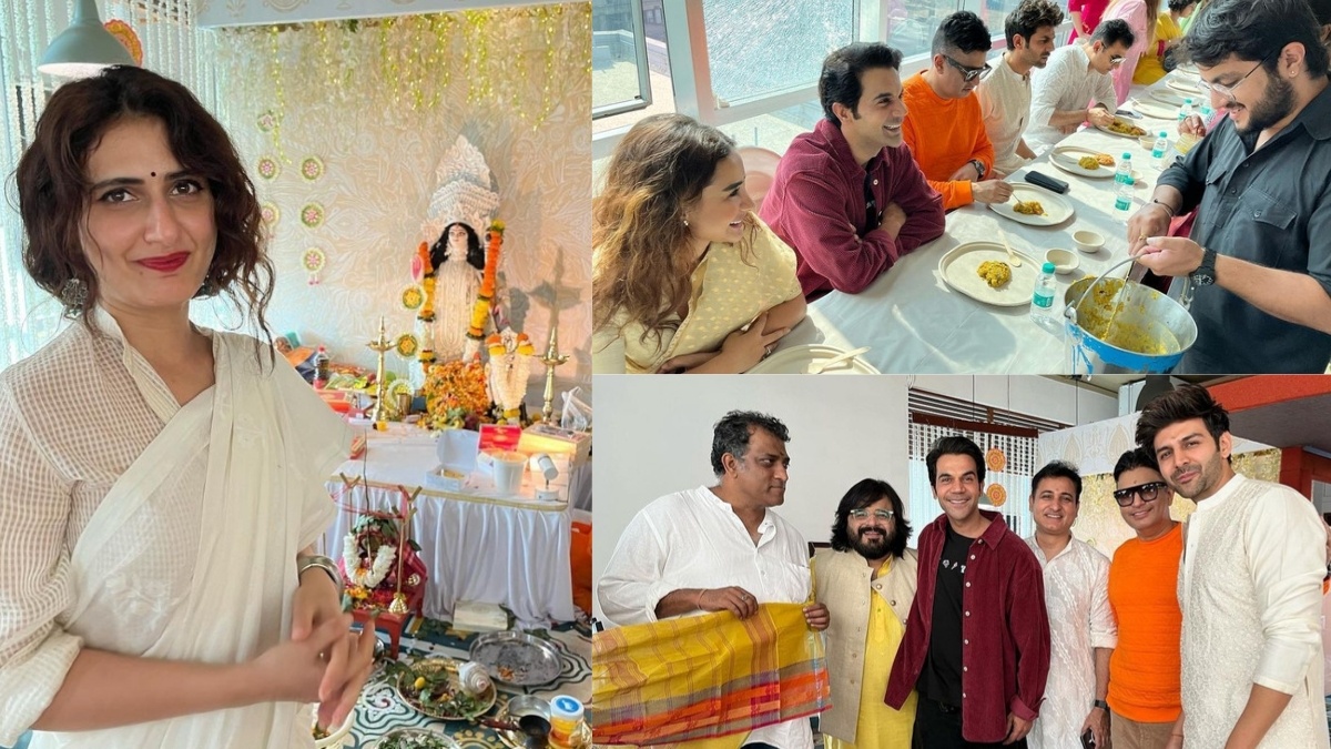Celebs Saraswati Puja: Kartik Aryan, Rajkumar Rao,Fatima Lined Up With Other Stars For Prasad; Checkout Pics