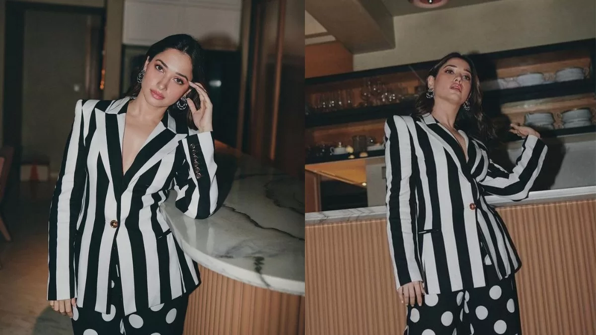 Stylish Update: Tamannaah Bhatia Rocks a Retro Black and White Printed Pantsuit With A Fresh Spin!
