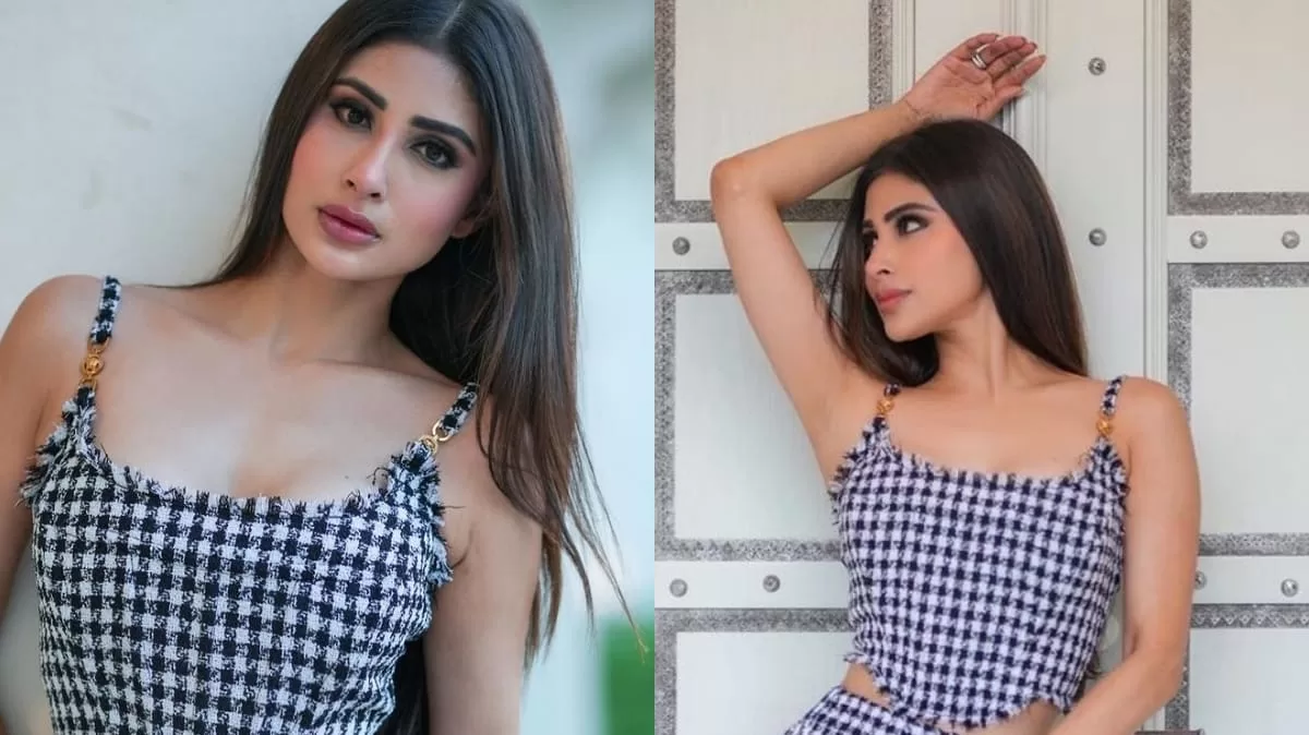 Mouni Roy Exudes Vintage Glam In A Versace Monochromatic Checkered Top And A Short Skirt!