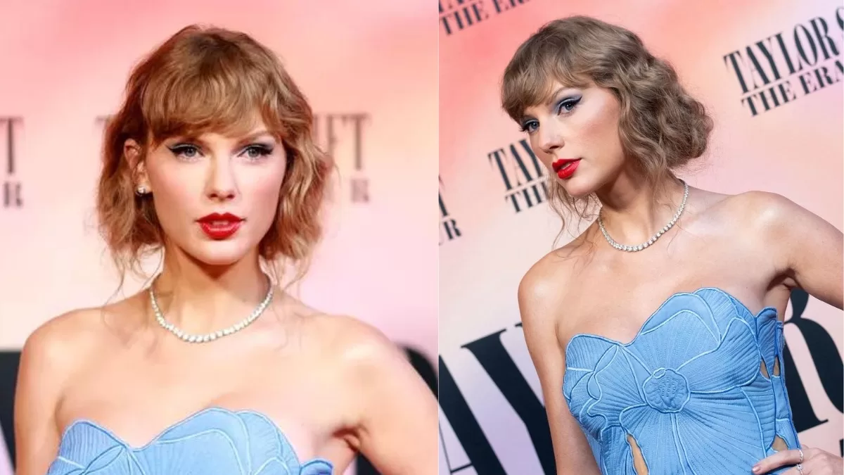 Taylor Swift Has A Cinderella Moment On ‘Eras Tour’ Premiere Red Carpet In A Blue Floral Cutout Gown!