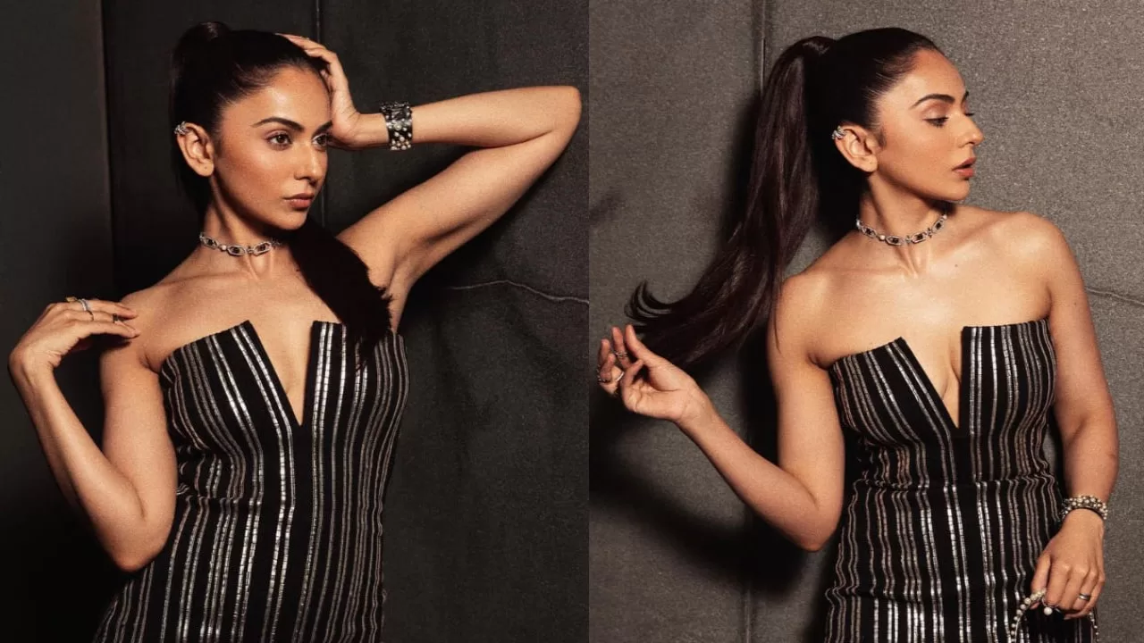 Fashion Alert! Rakul Preet Singh Looks FIERY HOT In Black Floor-Length Gown With Silver Stripes, Classy-High Ponytail