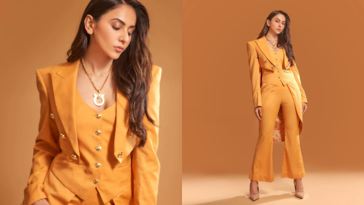 Rakul Preet Looks Cool And Sassy In An ‘Orange-Colored Blazer And Waist Coat’
