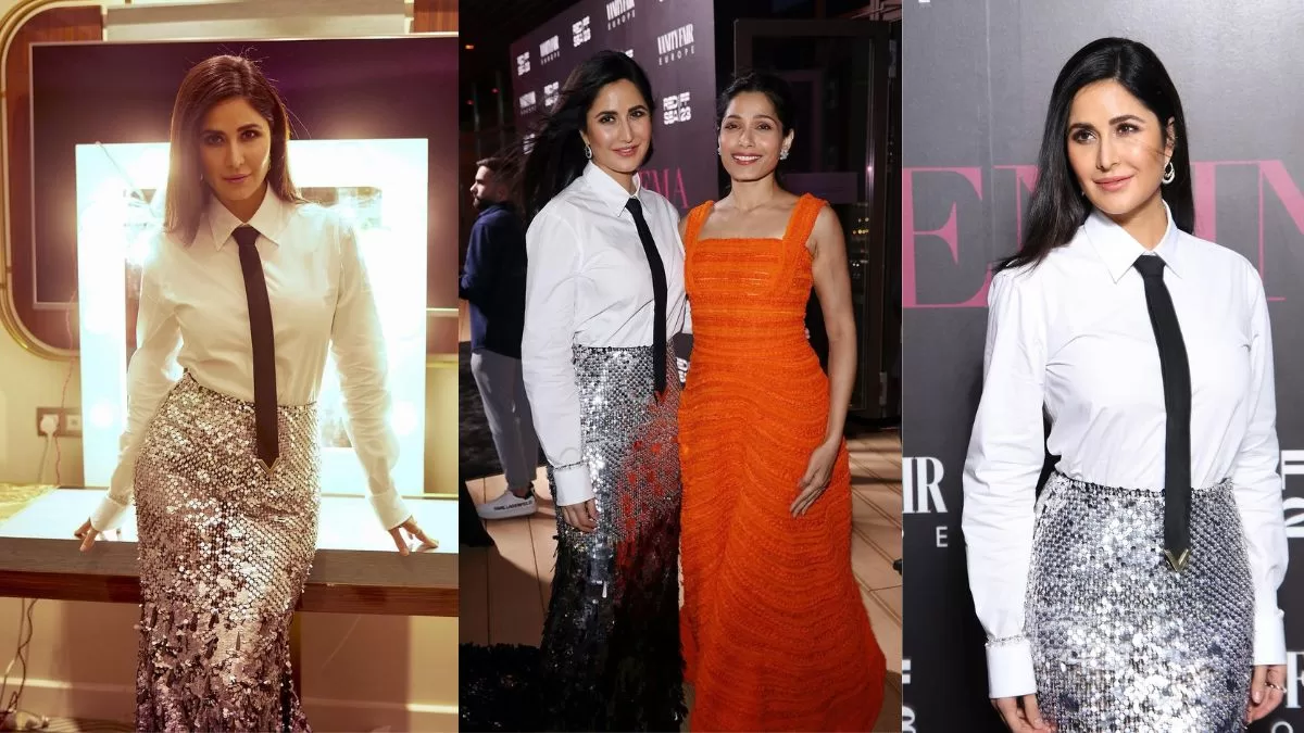 Katrina Kaif’s Mesmerising Fusion Elegance: Silver Sequins, White Shirt Redefine Red Carpet Glamour!