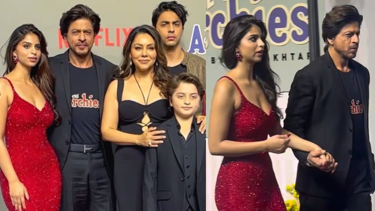 Shah Rukh Khan Wears The Archies T-Shirt To Suhana Khan’s Film Premiere; Aryan, Gauri Join Him | Video