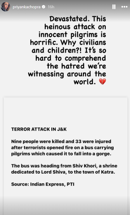 Priyanka Chopra posts for Reasi attack | Instant Bollywood Priyanka Chopra posts for Reasi attack