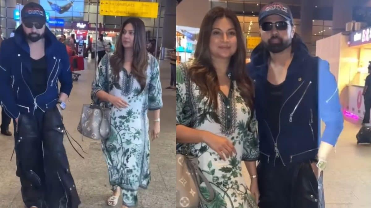 Himesh Reshammiya Rocks All-Black Airport Look With Wife Sonia Kapur By His Side | Bollywood News
