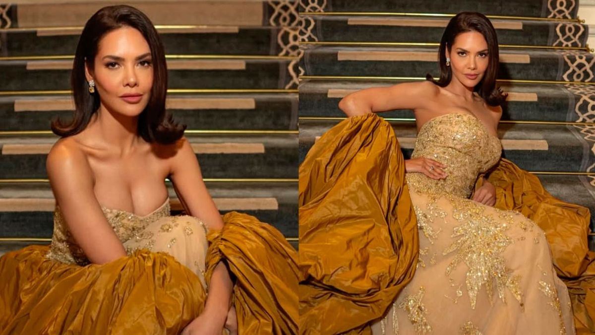 Esha Gupta Radiates Golden Glamour in Stunning Strapless Gown –