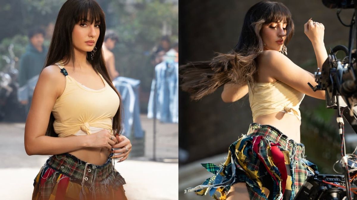 Nora Fatehi BTS moments brings the heat in yellow crop & plaid mini skirt –