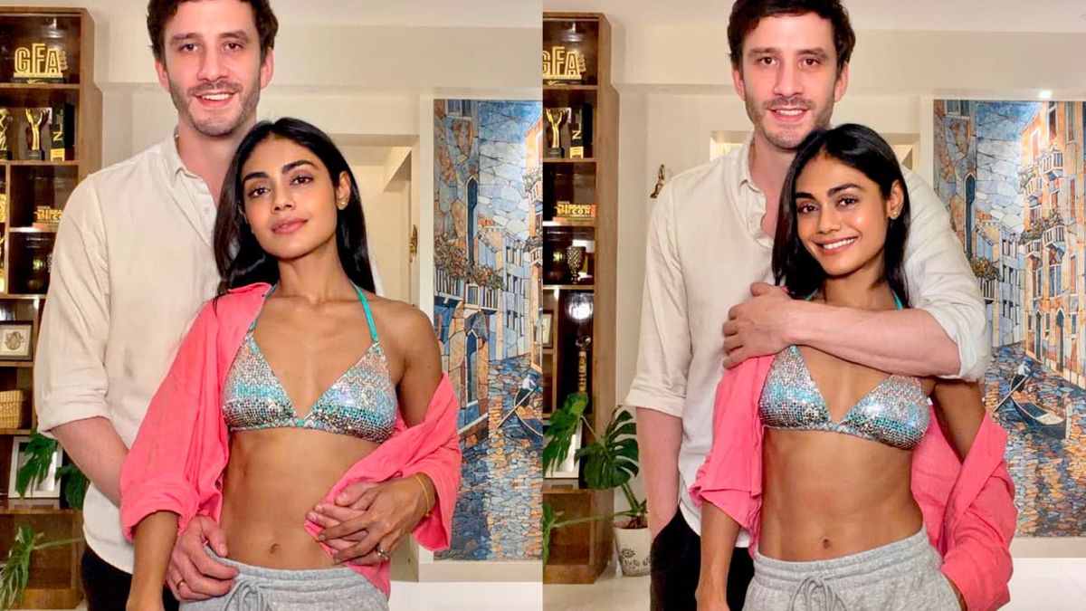 Sreejita De sparkles in sequined bikini top with husband by her side –
