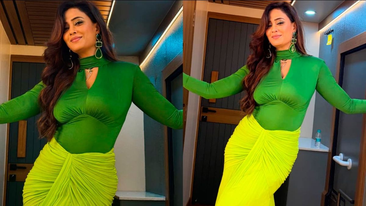Hotness! Shweta Tiwari owns two-tone green in keyhole top and ruched skirt –